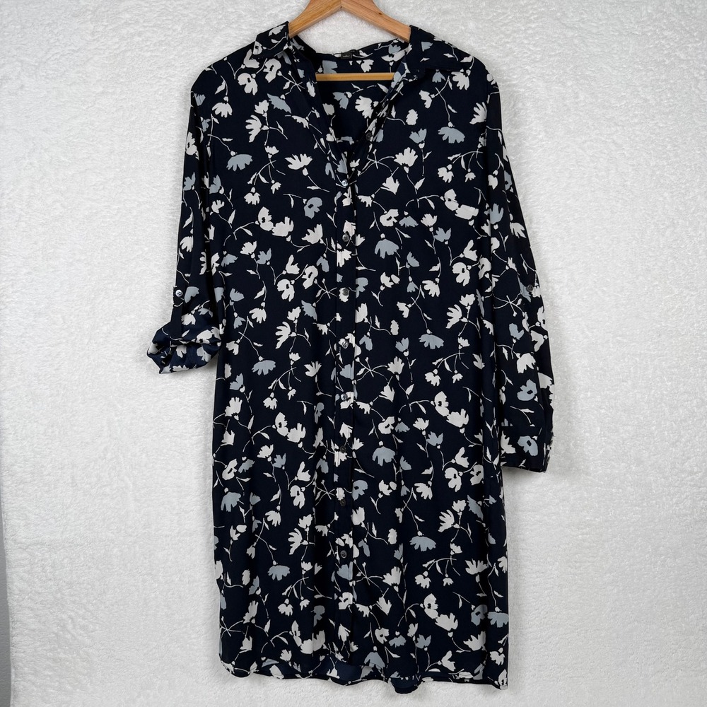 Ann Taylor Navy Blue Floral‎ Button Front Shirt Dress Roll Tab Sleeve Large